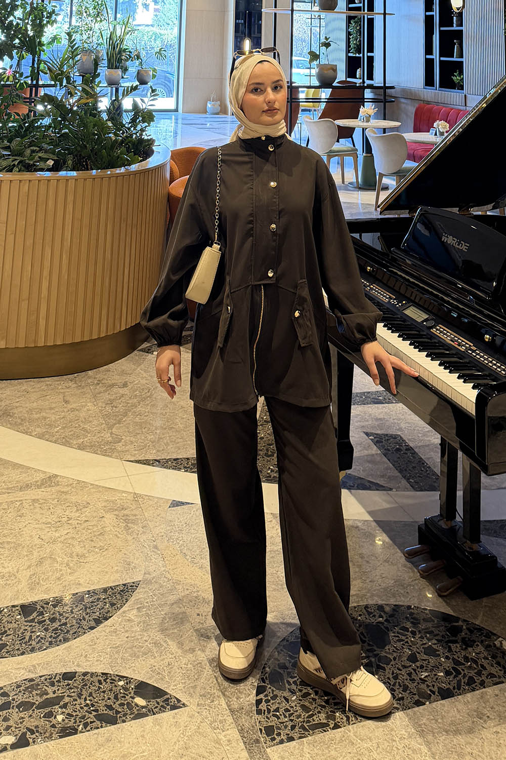 Lamelif Gold Düğmeli Fermuarlı Takım Soft Kahve