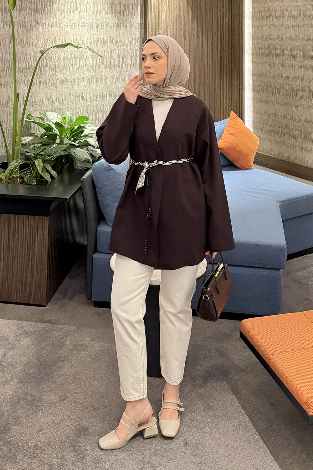 Lamelif Kemerli Tesettür Ceket Mürdüm