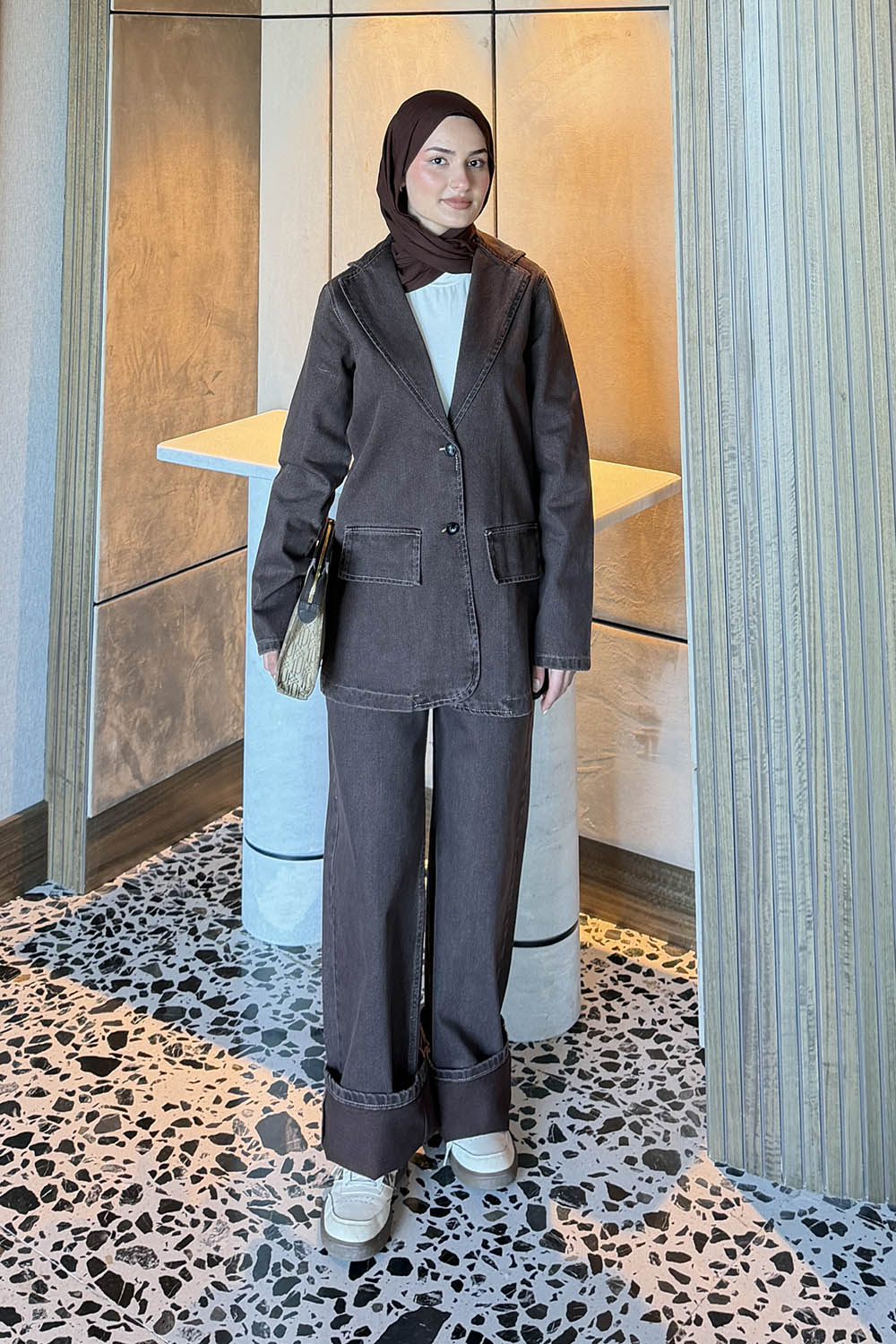 Lamelif Kot Ceket-Pantolon Takım Kahverengi