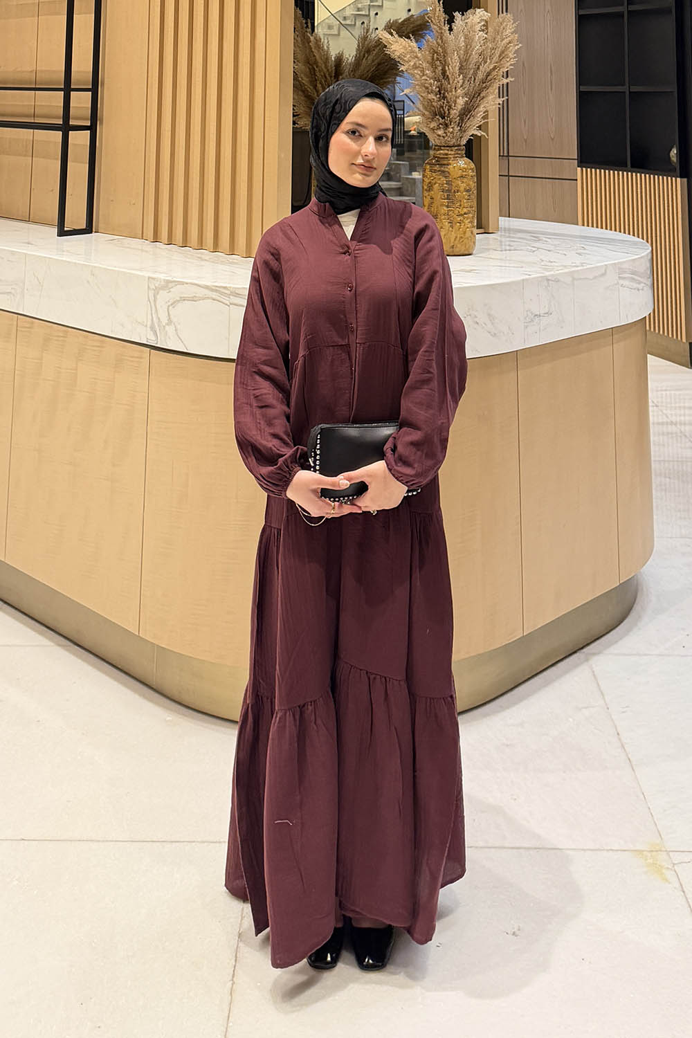 Lamelif Ön Yarım Düğme Detaylı Müslin Kumaş Tesettür Elbise Bordo