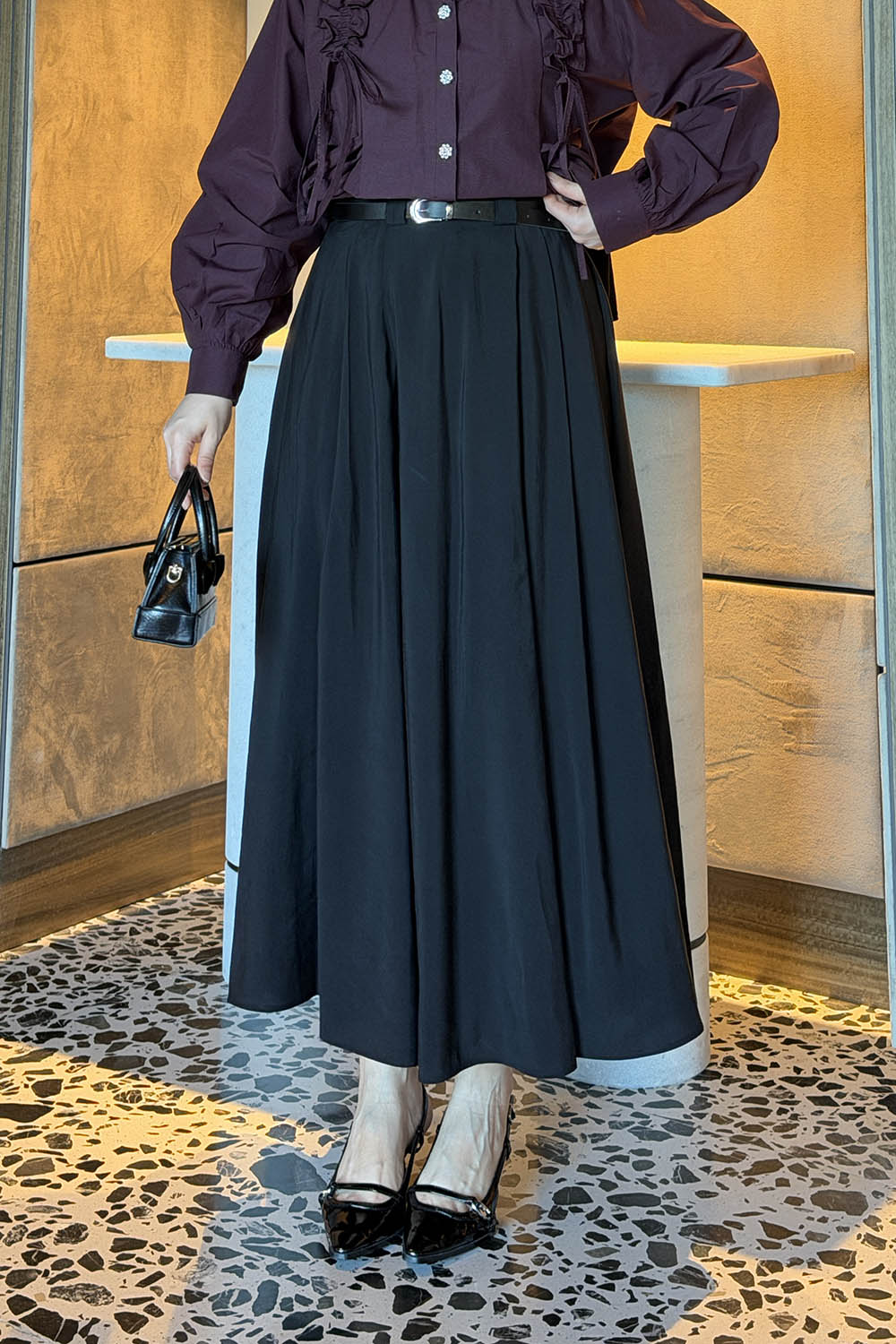 Lamelif Pileli Kemerli Etek Siyah