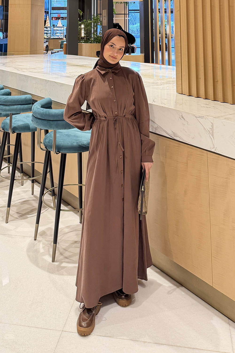 Lamelif Pile Detaylı Elbise Kahve