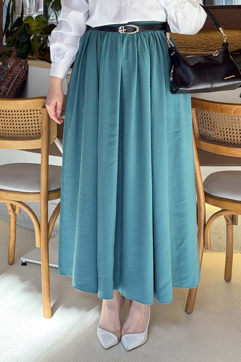 Lamelif Bel Lastikli Cep Detaylı Etek Pastel Yeşili