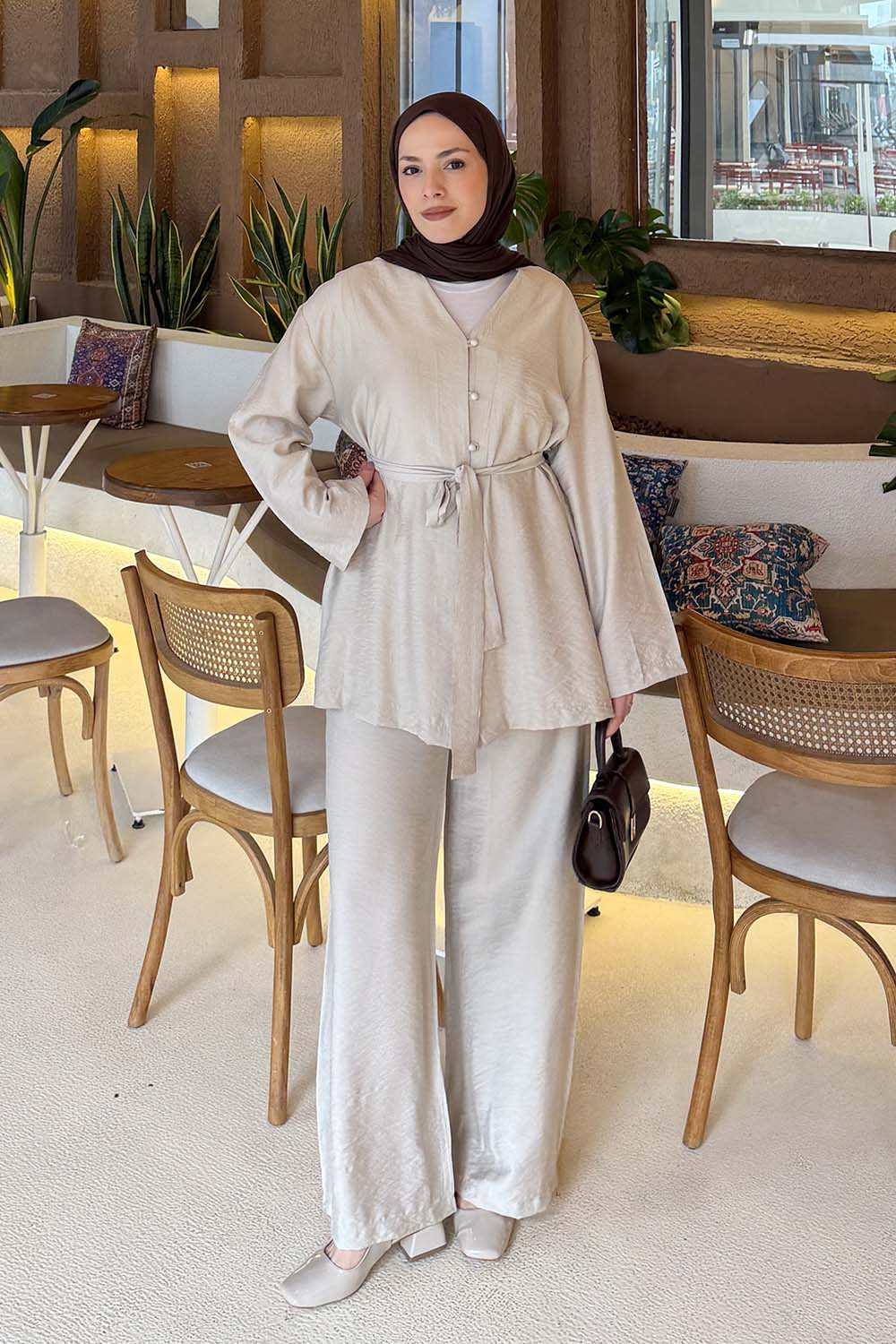 Lamelif Brit Düğmeli Gömlek-Pantolon Takım Taş Rengi