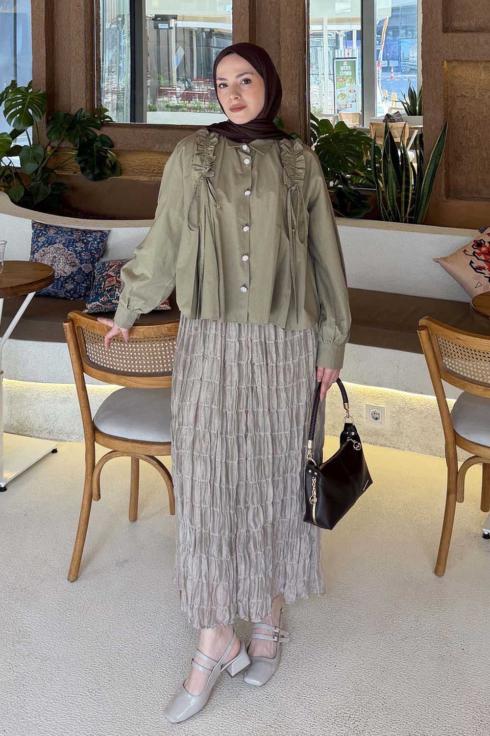 Lamelif Büzgü Detaylı Tesettür Gömlek Haki