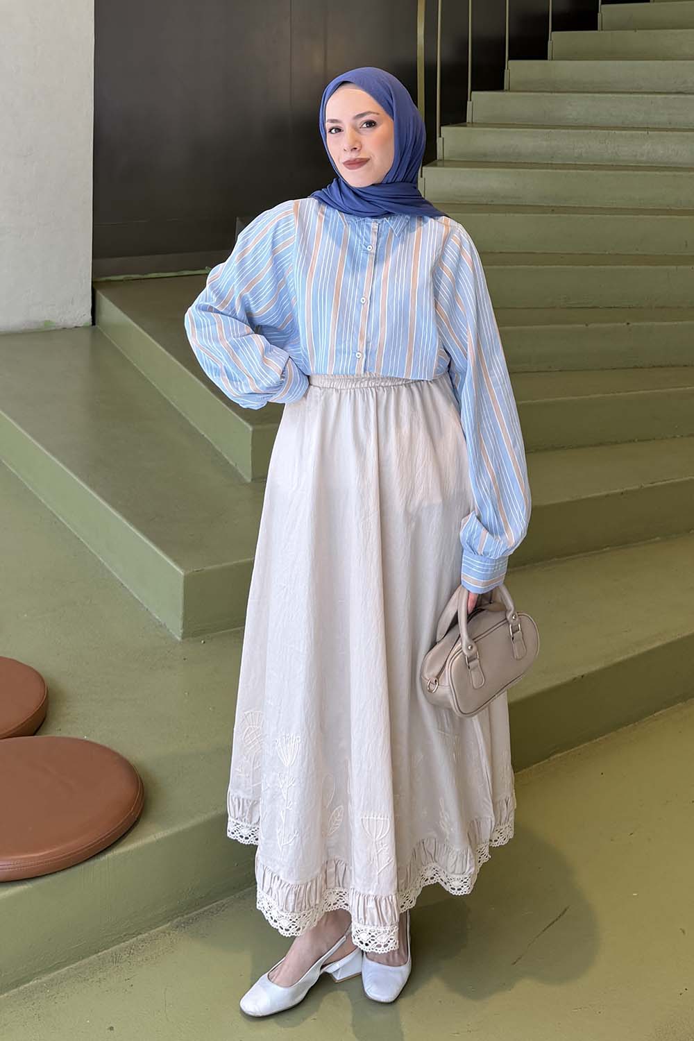 Lamelif Çizgi Detaylı Gömlek Mavi