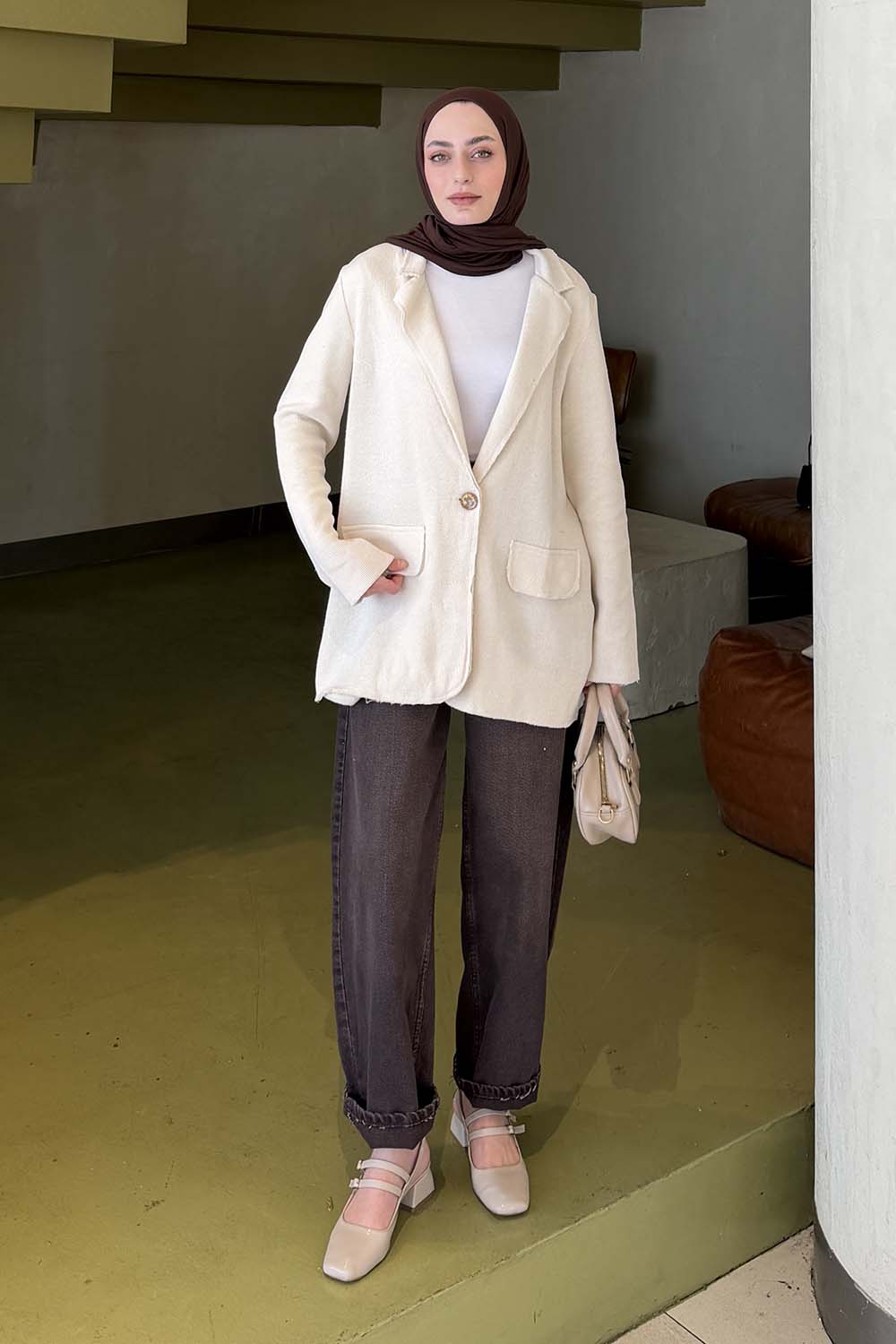 Lamelif Dekoratif Cep Ceket Bej