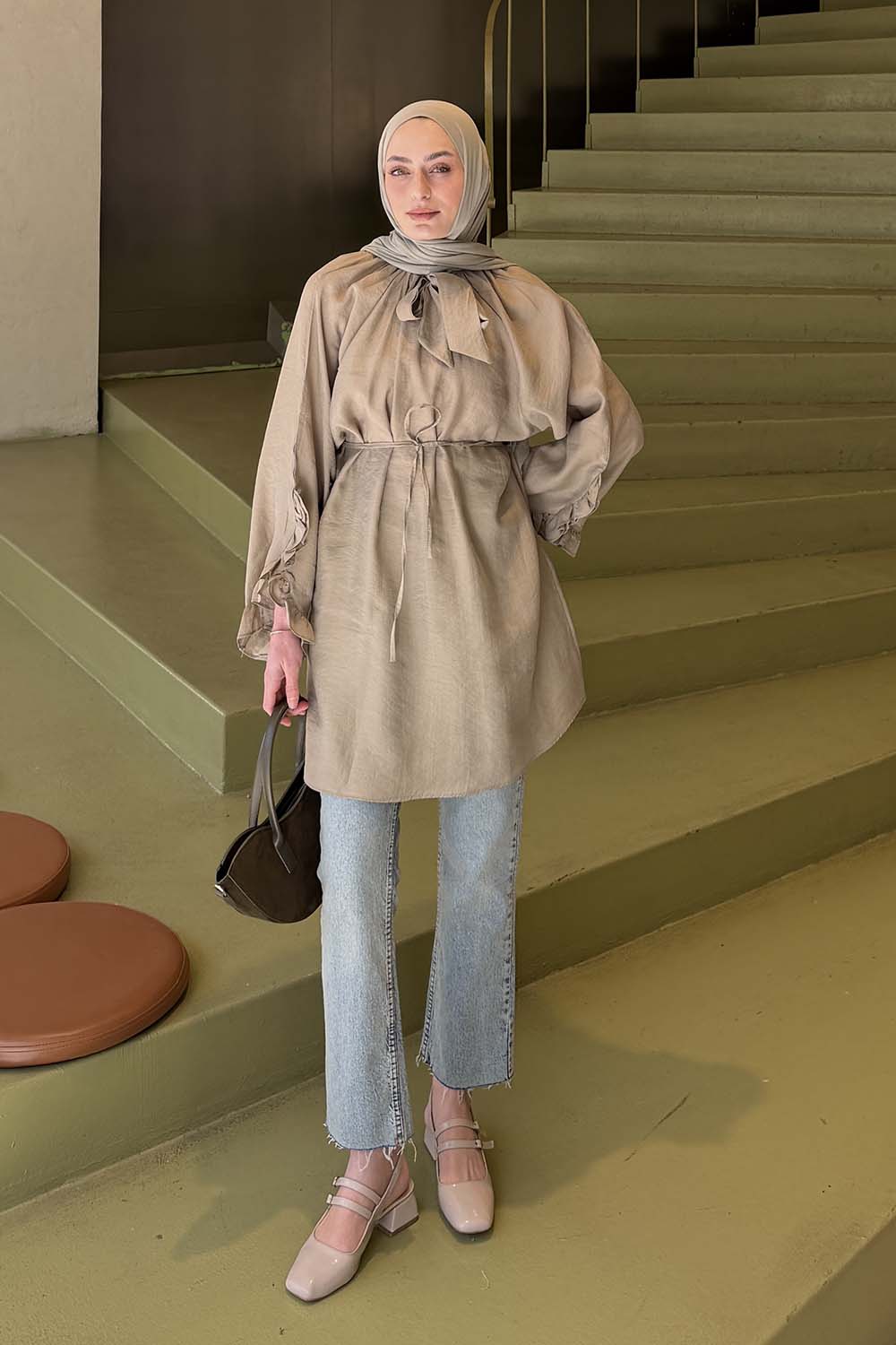 Lamelif Fular Yaka Bağlamalı Tunik Mint Yeşili