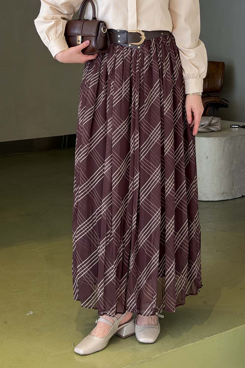 Lamelif Kemerli Şifon Etek Kahverengi