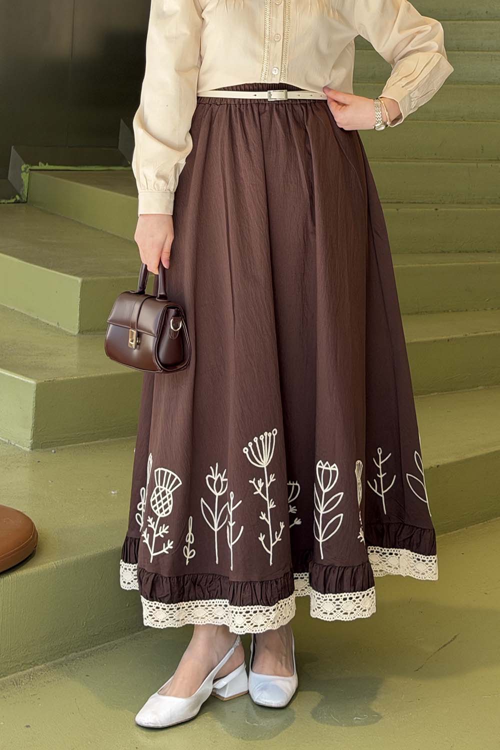 Lamelif Nakışlı Etek Kahverengi