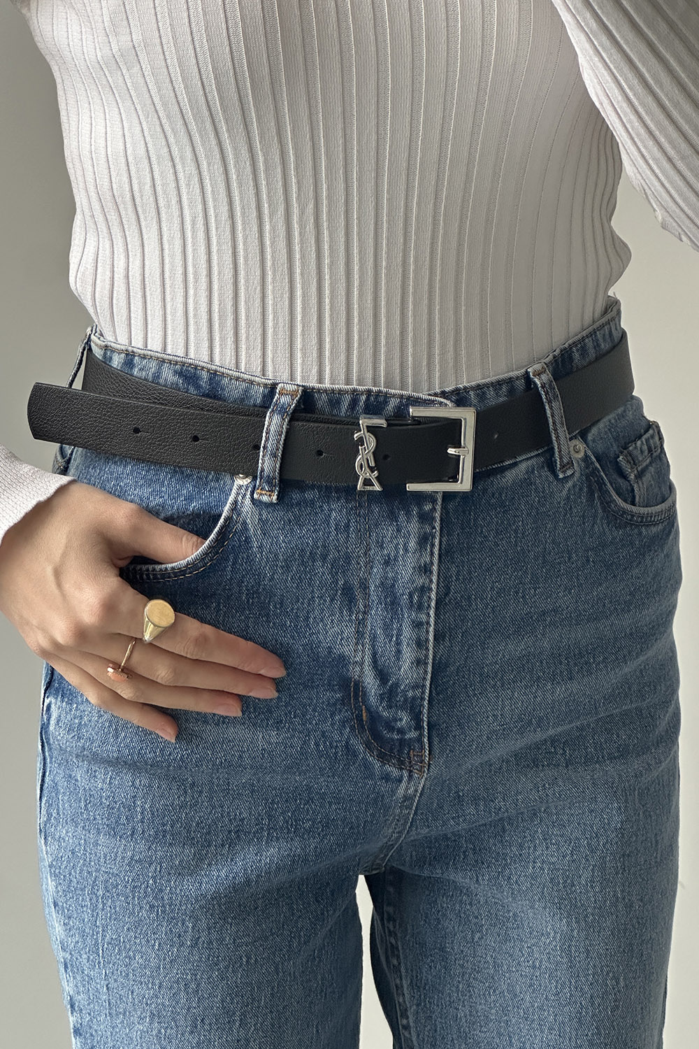 Lamelif Siyah Suni Deri Gümüş Ysl Tokalı Kemer