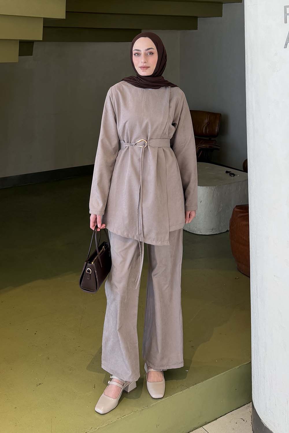 Lamelif Tensel Toka Detaylı Takım Vizonrengi