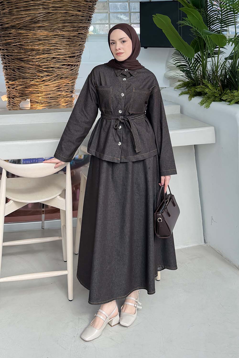 Lamelif Bağlamalı Denim Takım Kahverengi