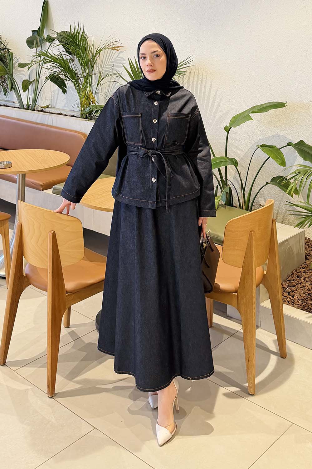 Lamelif Bağlamalı Denim Takım Koyu Mavi