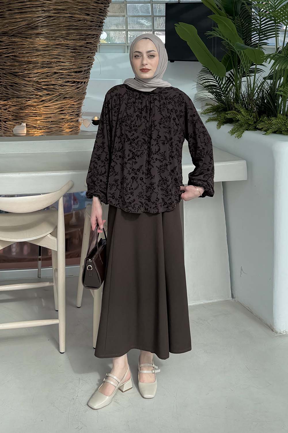 Lamelif Çiçek Baskılı Bluz Acı Kahve