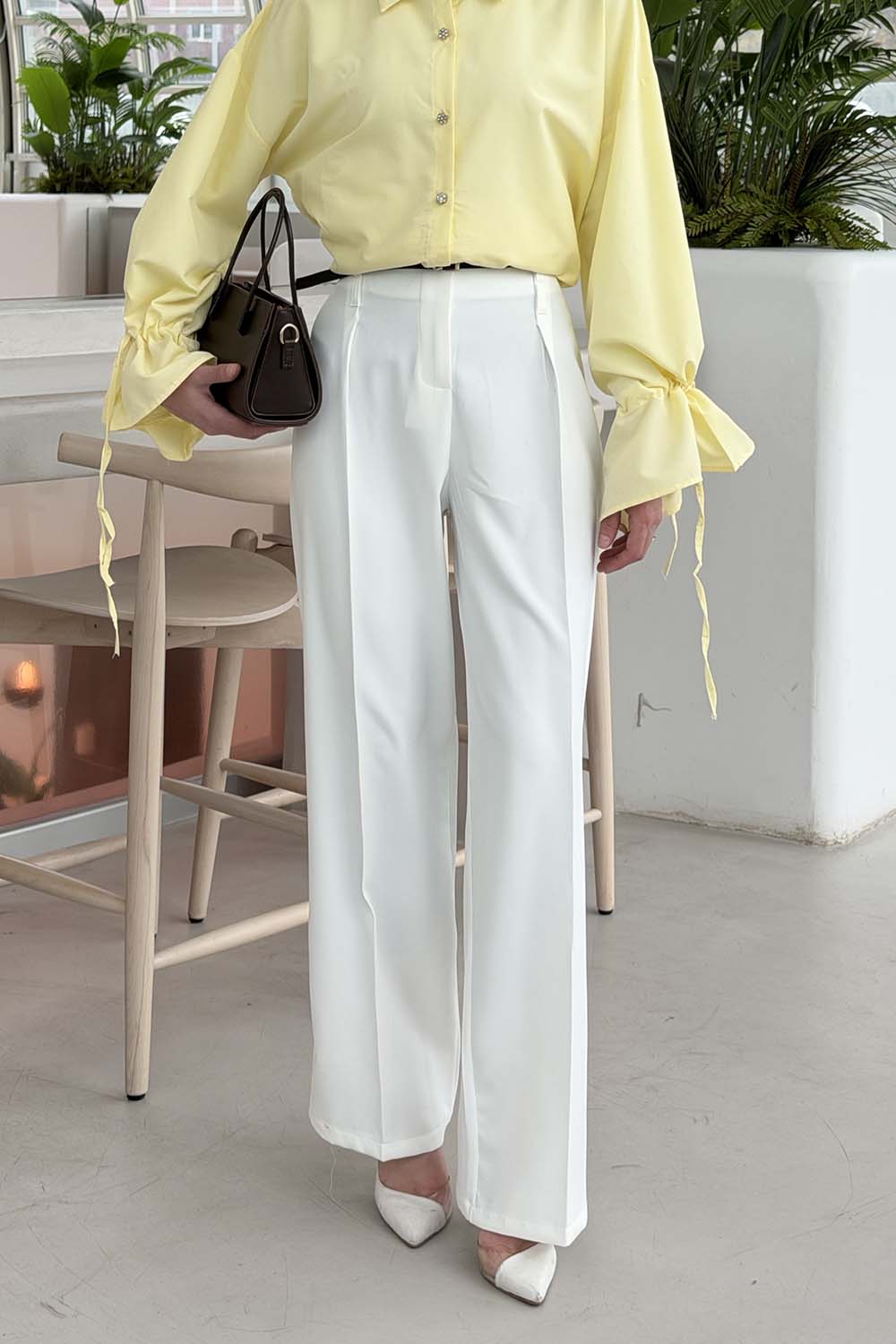 Lamelif Çift Kemer Detaylı Pantolon Beyaz