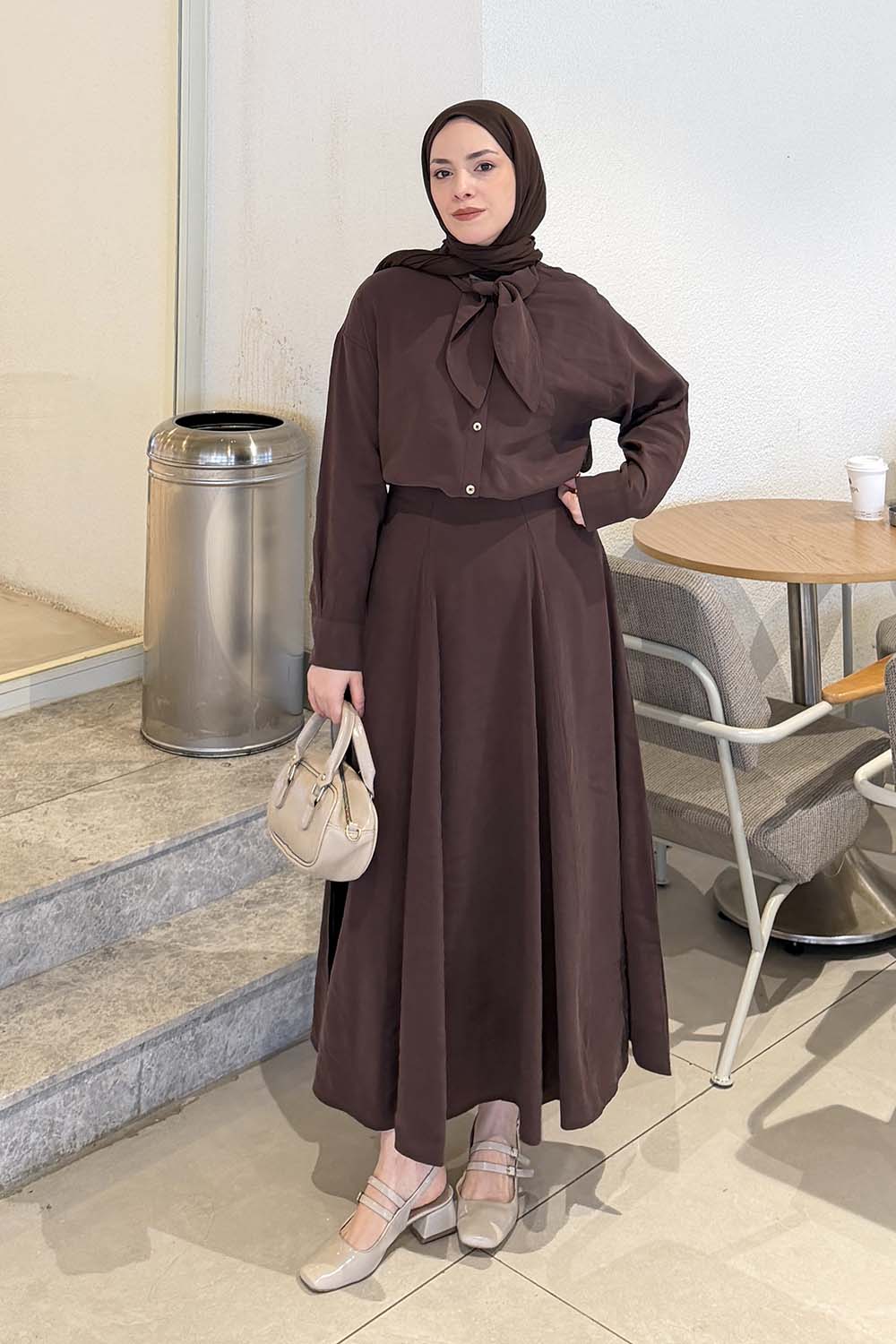 Lamelif Fular Yakalı Takım Acı Kahve