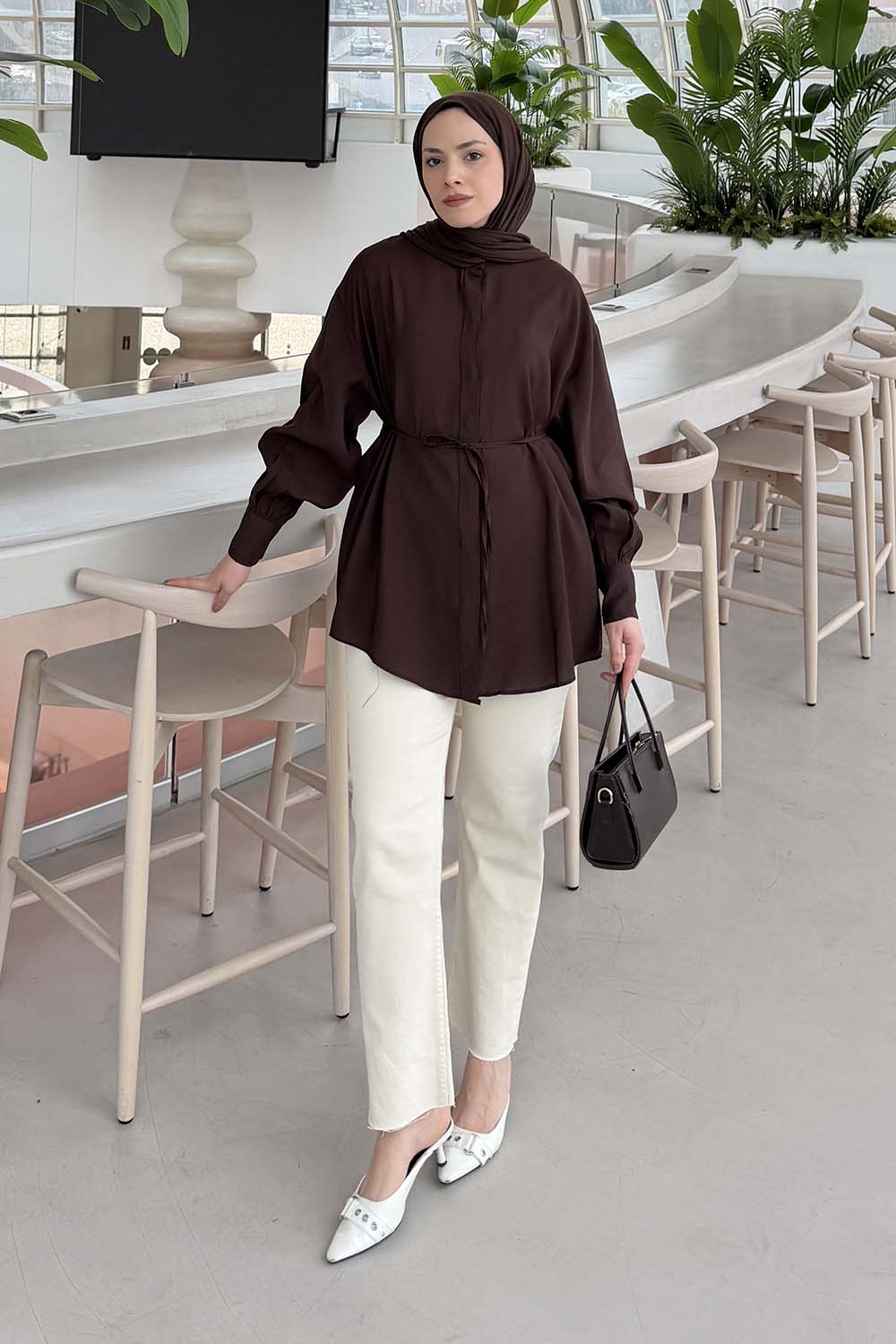 Lamelif Hakim Yaka Bağlamalı Gömlek Kahve