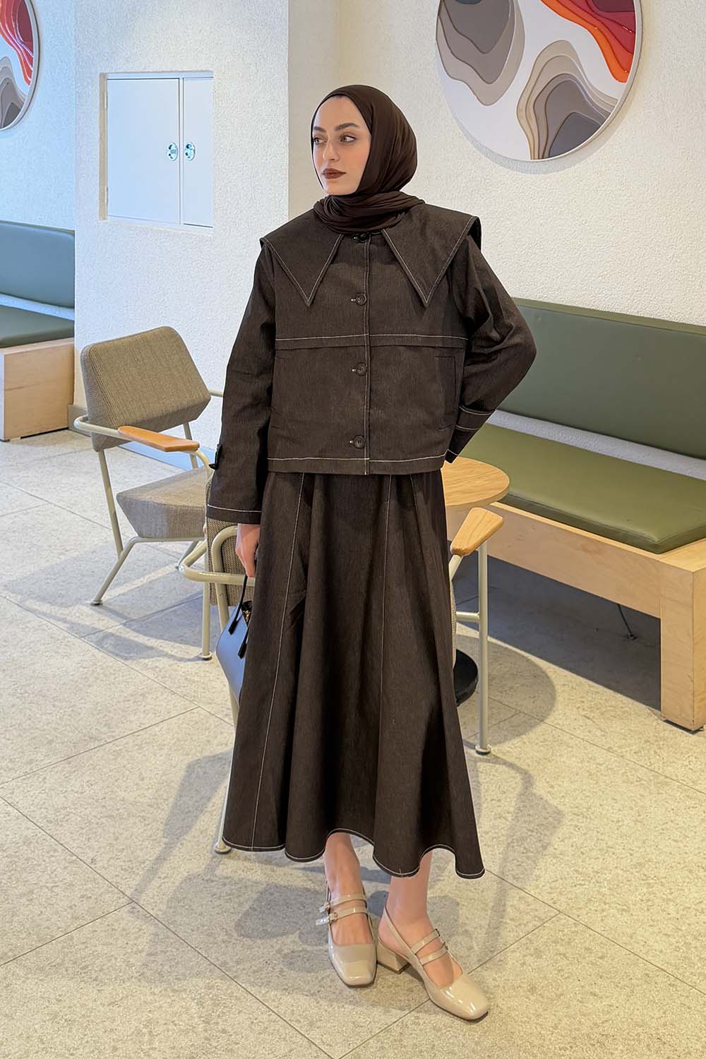 Lamelif Pelerinli Denim Takım Kahverengi