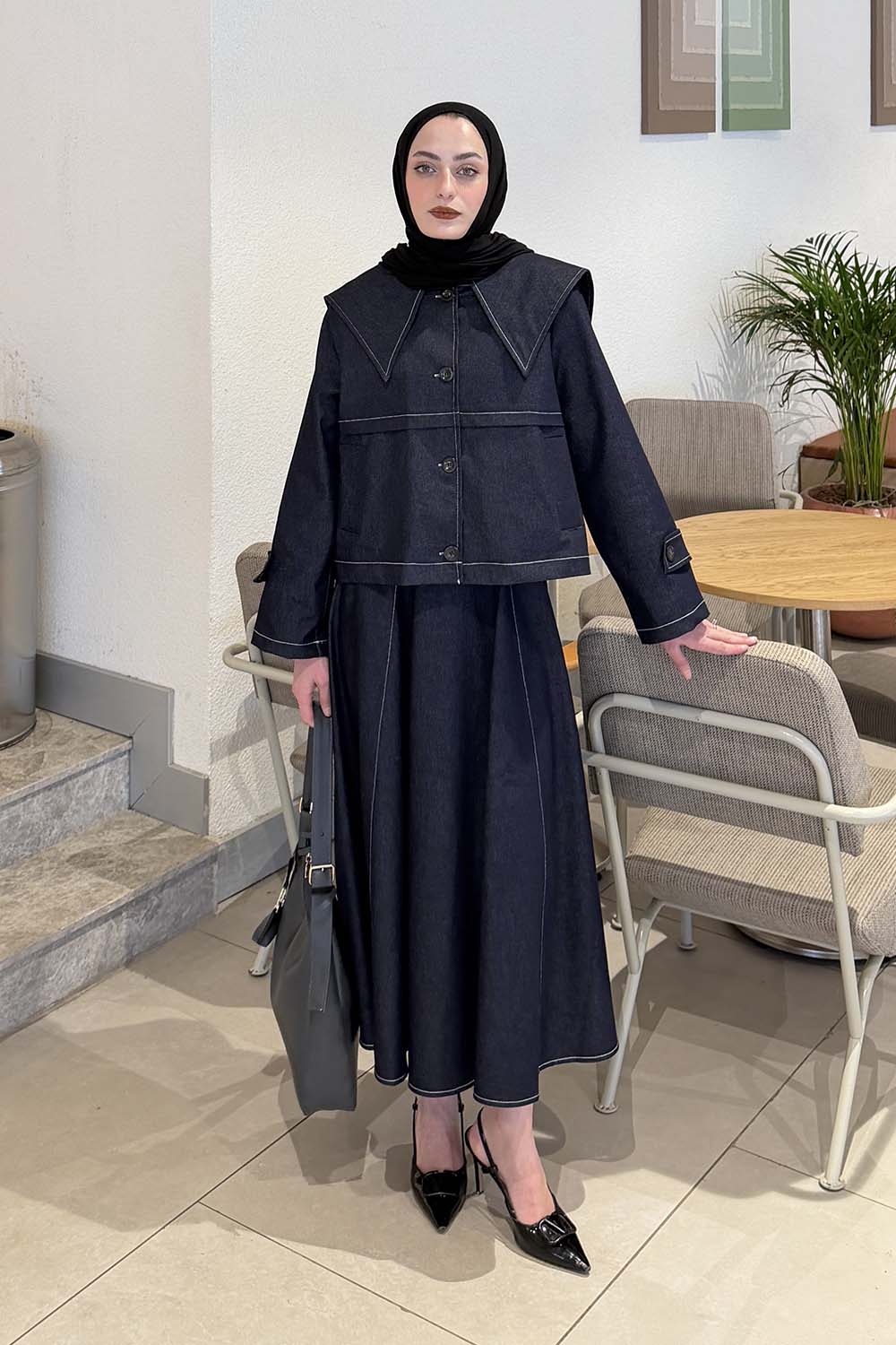 Lamelif Pelerinli Denim Takım Koyu Mavi