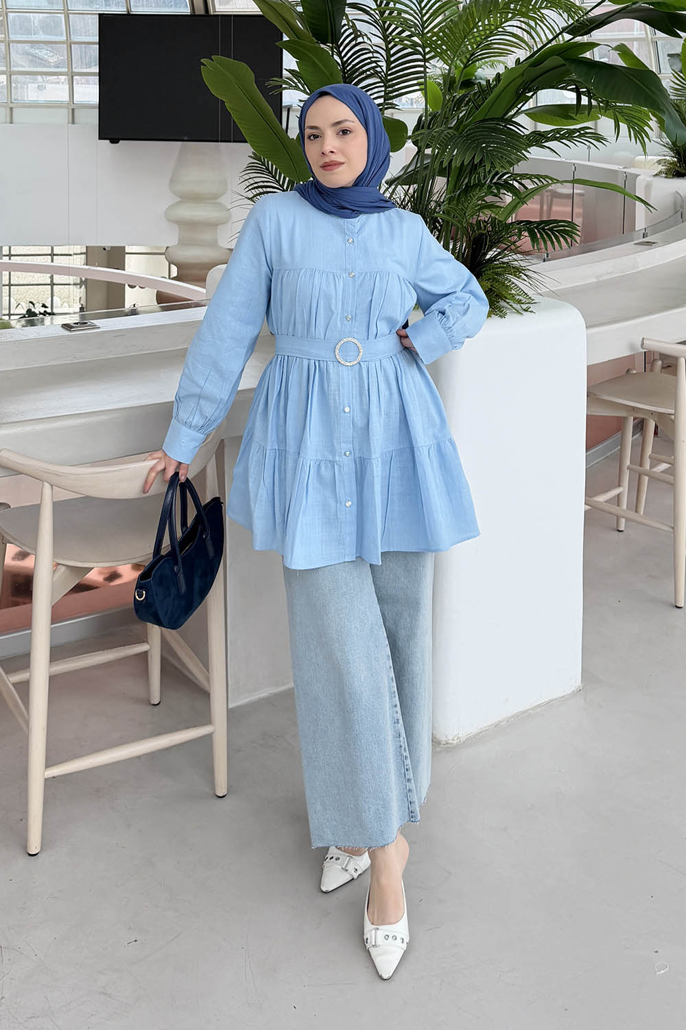 Lamelif Taşlı Düğme Detaylı Gömlek Bebe Mavisi