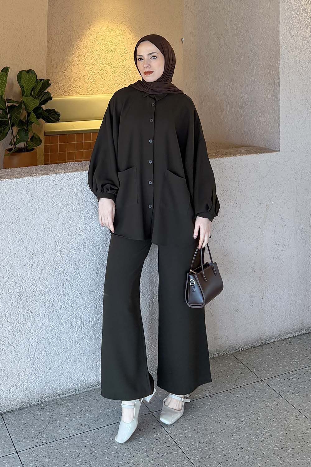 Dark Brown Shirt Collar Long Arm Cotton Fabric Regular Trousers Comfortable Suit
