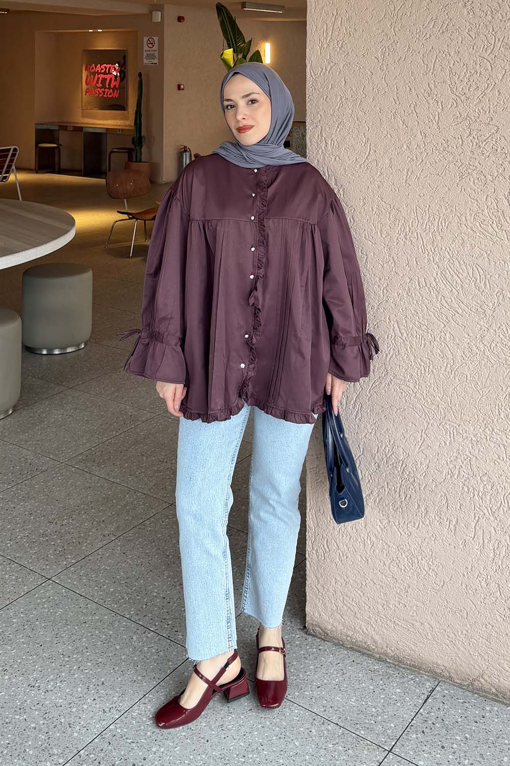 Lamelif Fırfır Detaylı Gömlek Mürdüm