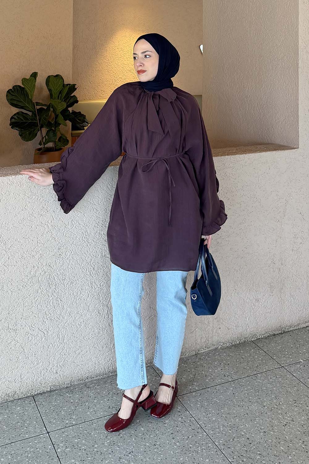 Lamelif Fular Yaka Bağlamalı Tunik Mürdüm