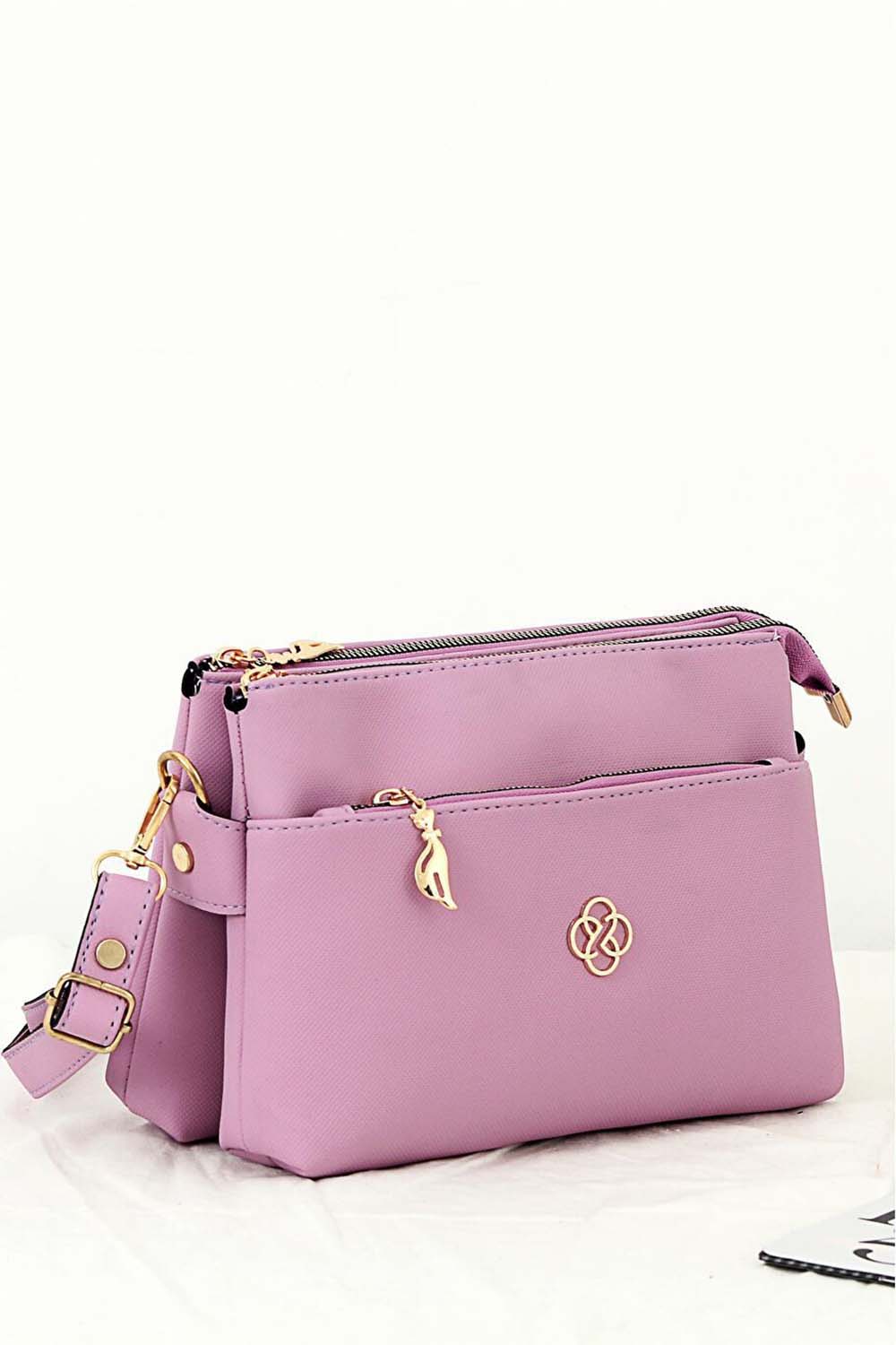Lamelif Üç Bölmeli Omuz Çanta Lila