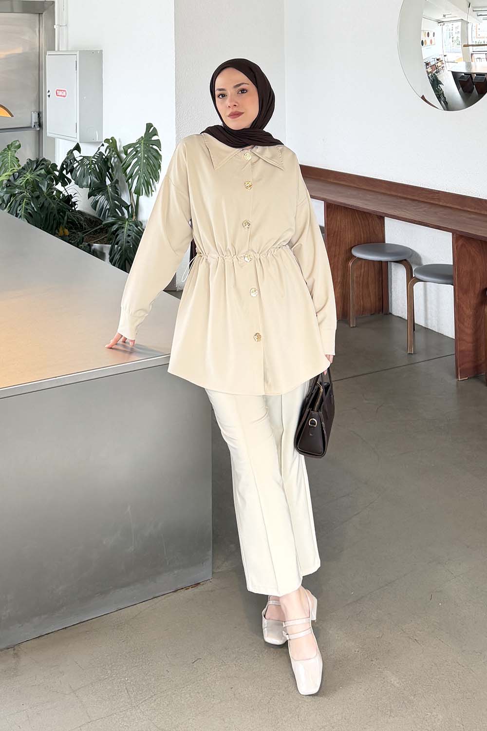 Lamelif Beli Lastikli Takım Krem