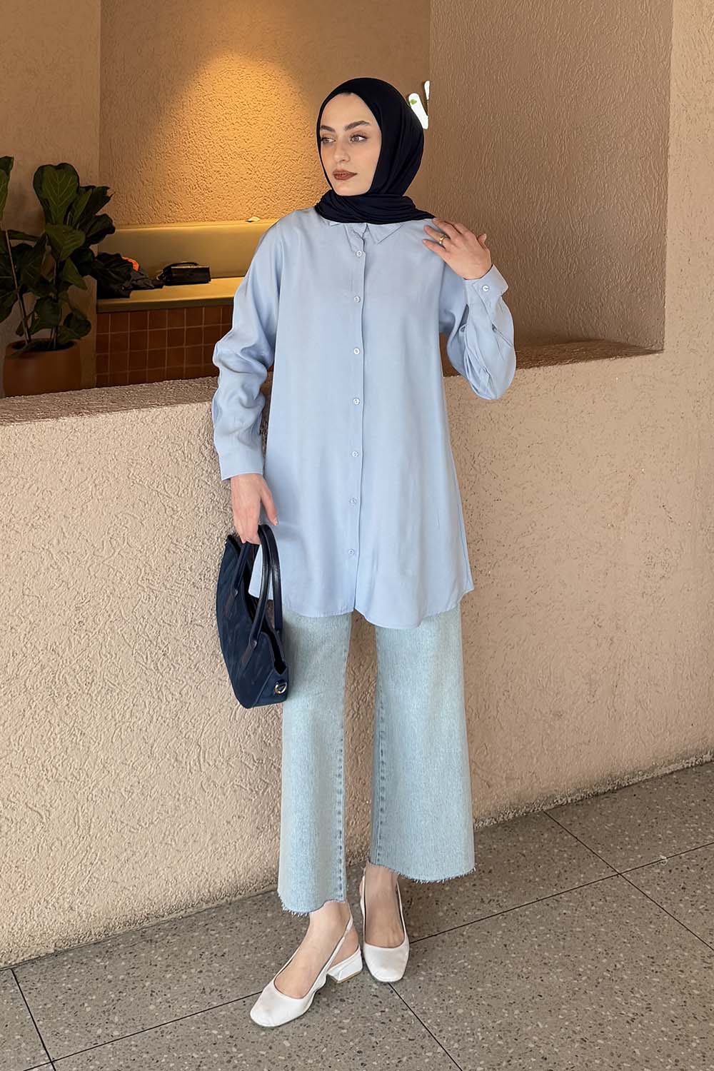 Baby Blue Shirt Collar Long Arm Poplin Fabric Shirt