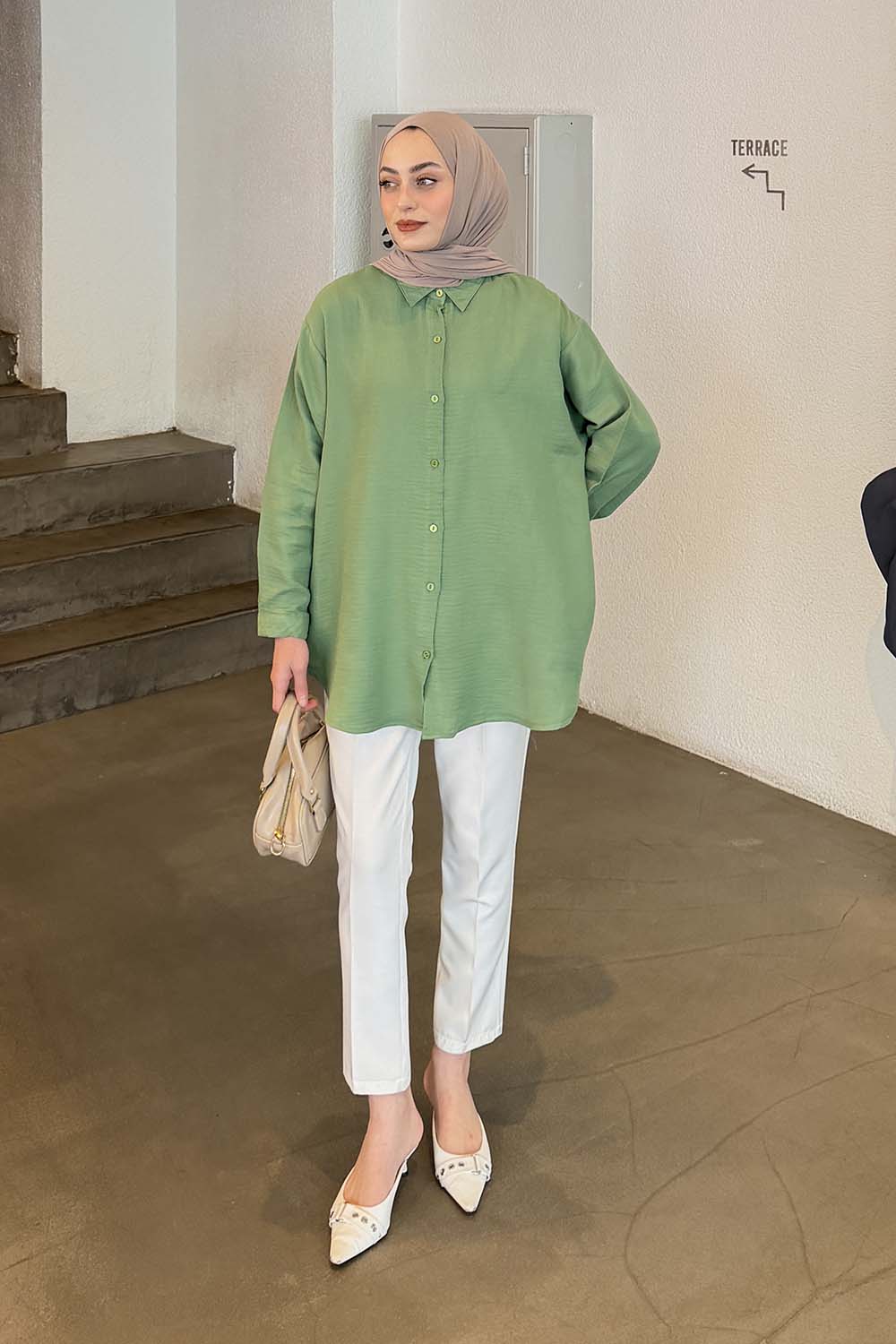 Lamelif Müslin Tesettür Gömlek  Çağla Yeşili