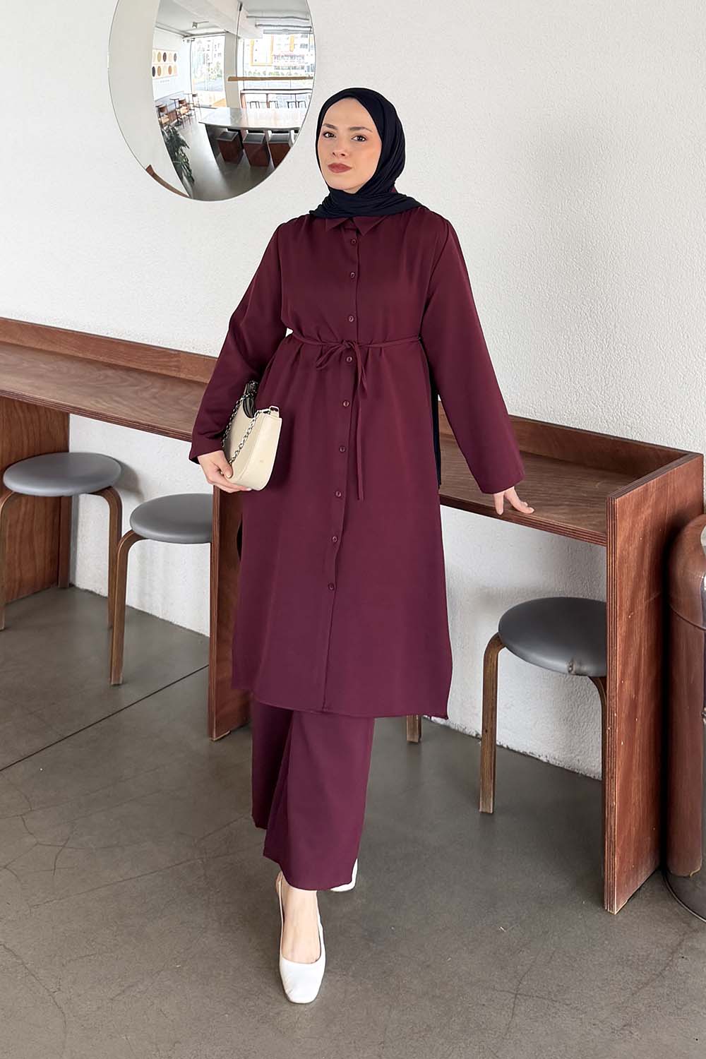 Lamelif Omuz Büzgülü Tesettür Takım Bordo