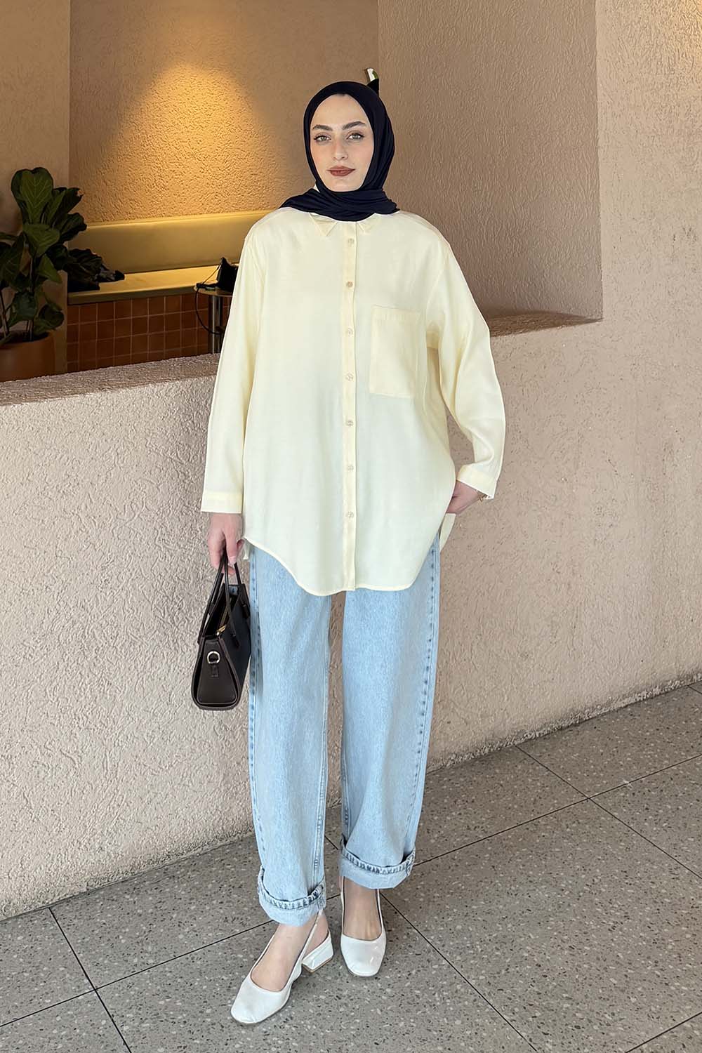 Lamelif Tek Cep Detaylı Çizgi Geçişli Gömlek Sarı