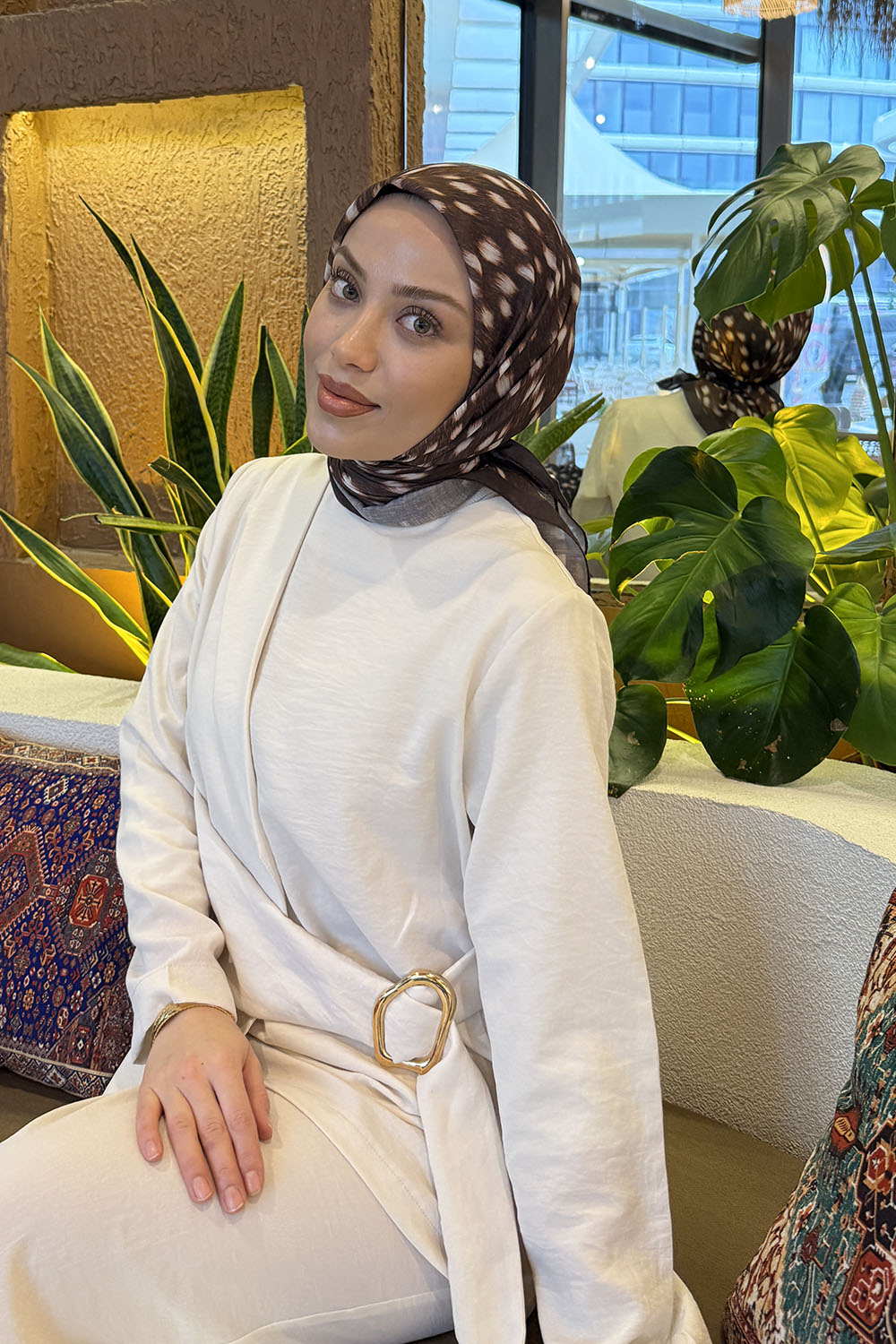 Lamelif Ceylan Desen Soft Eşarp Kahverengi