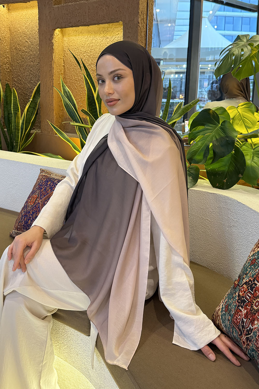 Lamelif Degrade Desen Soft Şal Acı Kahve Bej