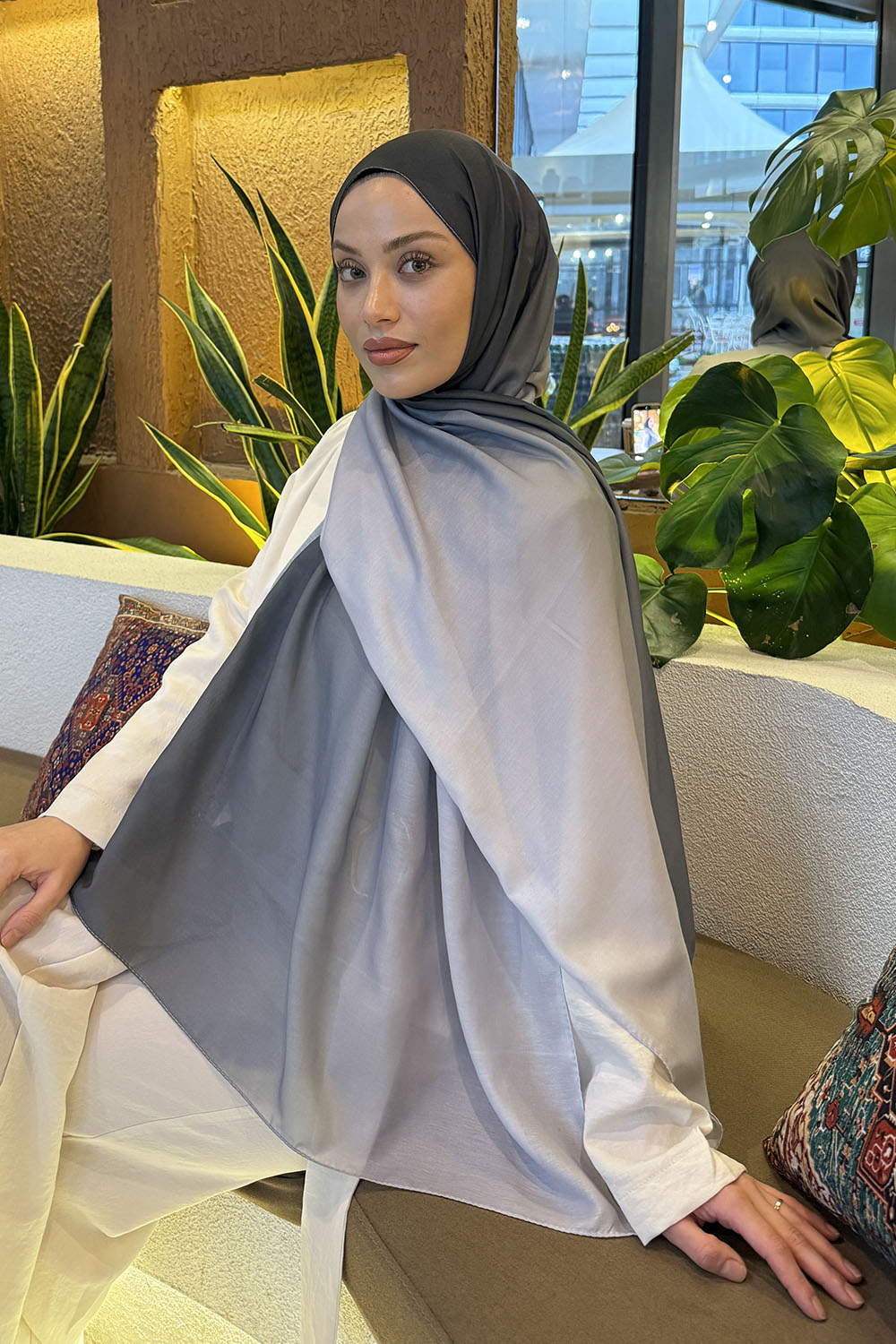 Lamelif Degrade Desen Soft Şal Füme Gümüş Gri