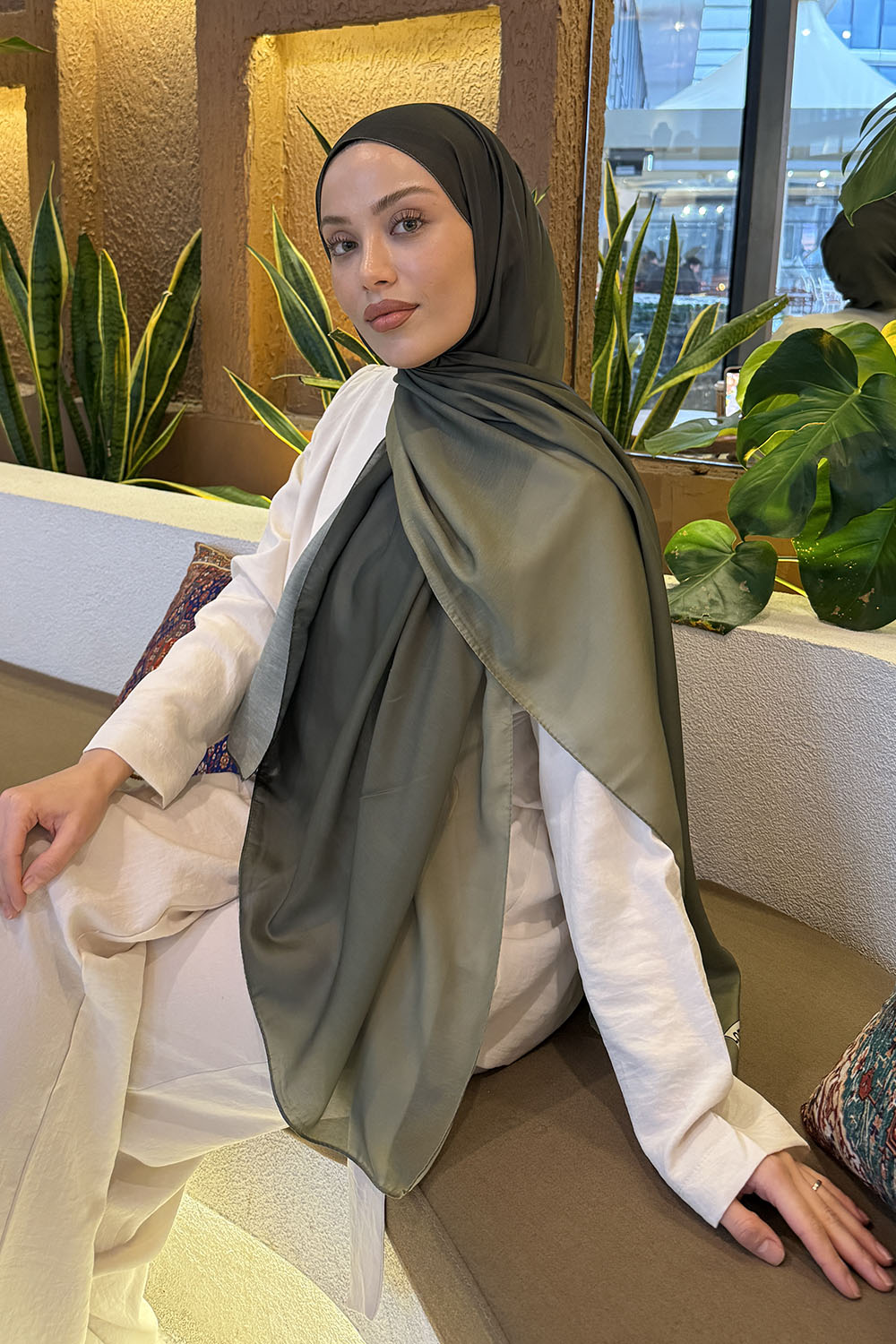 Lamelif Degrade Desen Soft Şal Haki