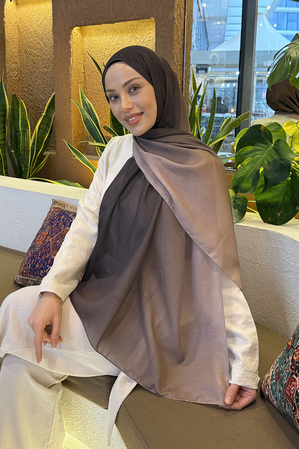 Lamelif Degrade Desen Soft Şal Koyu Kahve Vizon