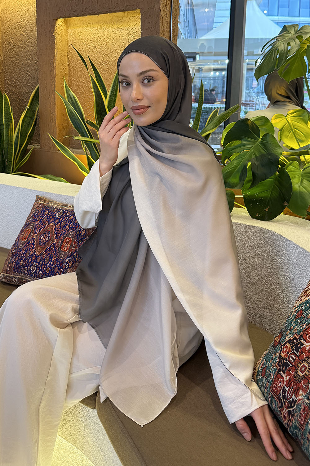 Lamelif Degrade Desen Soft Şal Koyu Yeşil Ekru