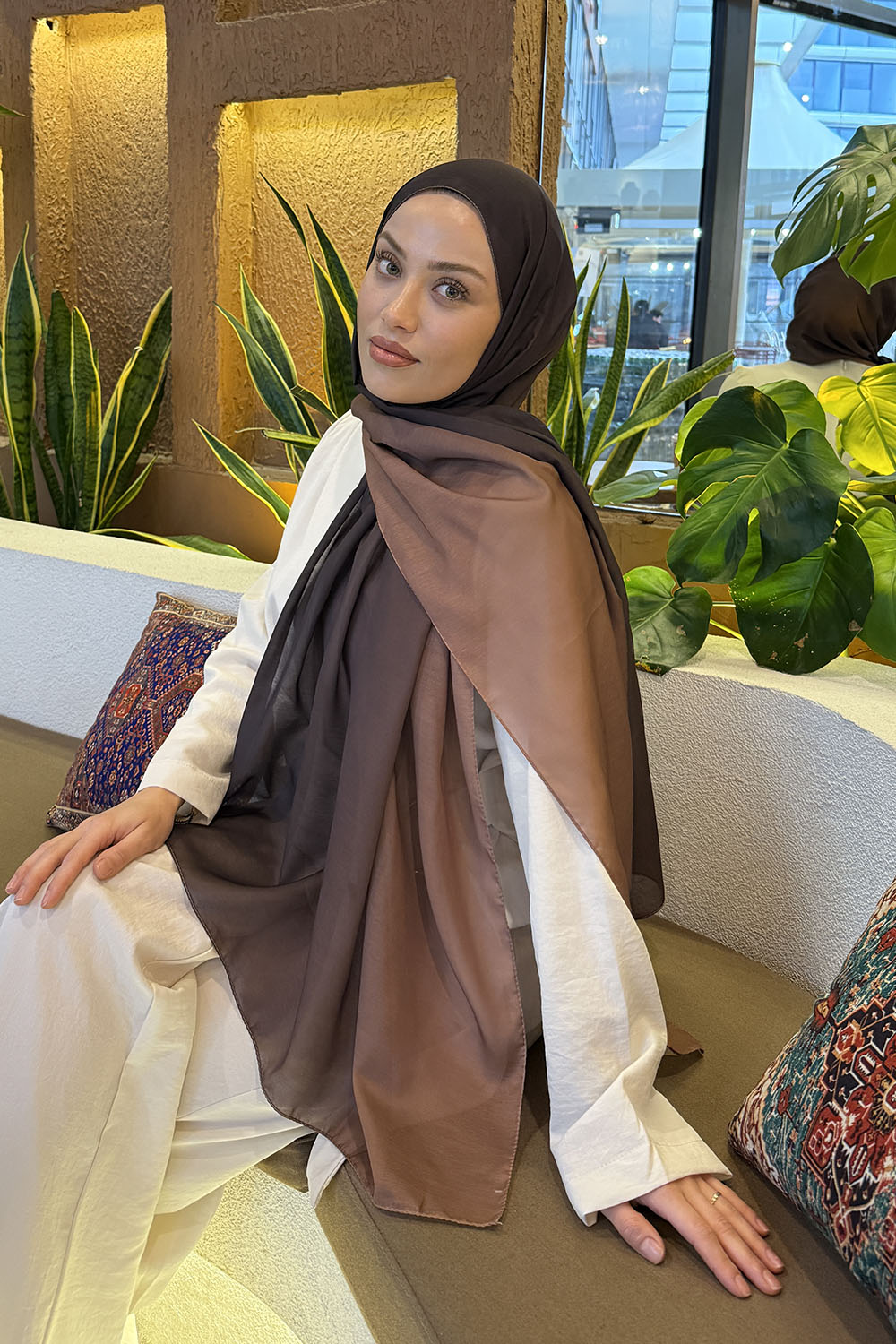 Brown With Milk Cotton Striped Shawl