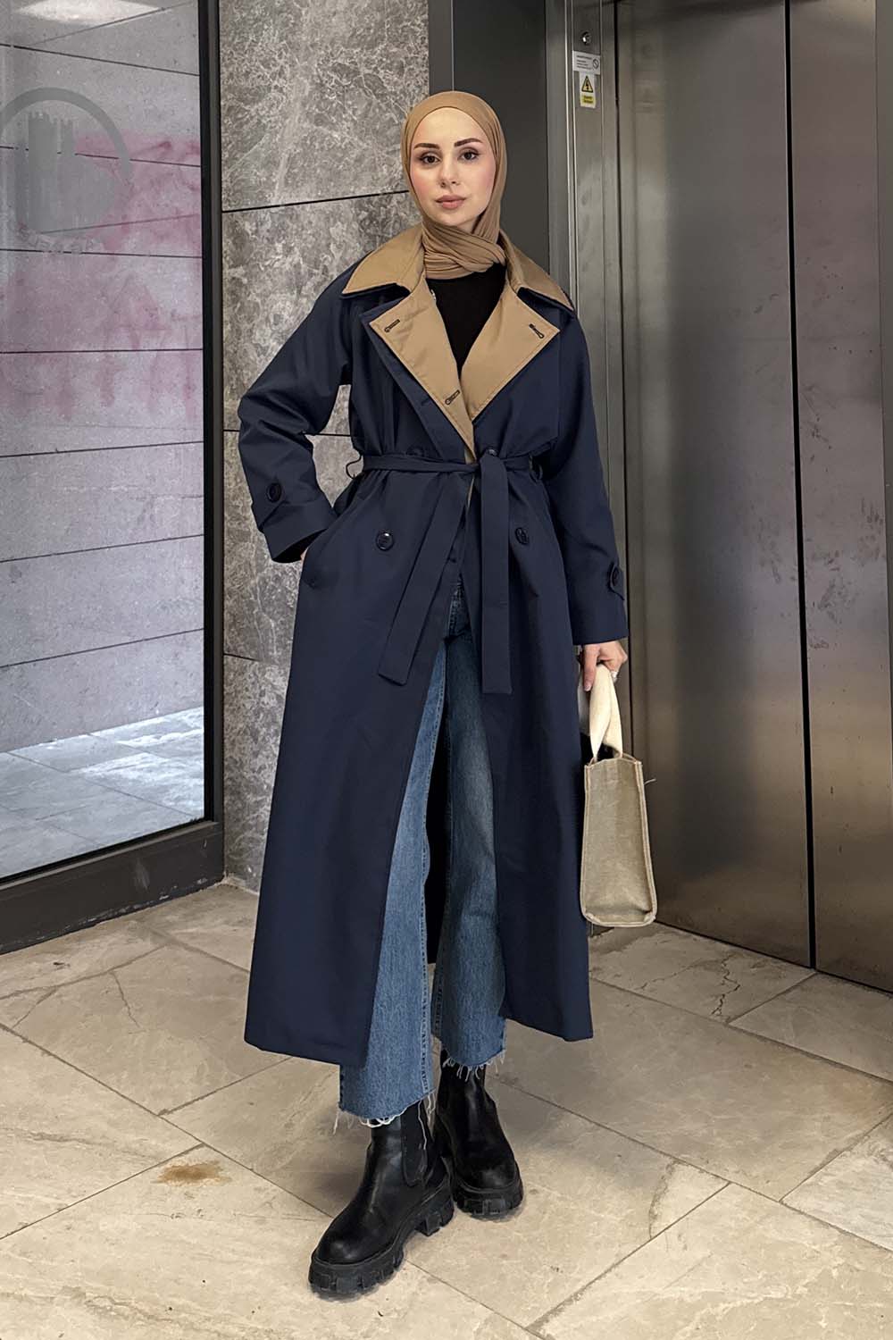 Lamelif Garnili Uzun Trenç Lacivert