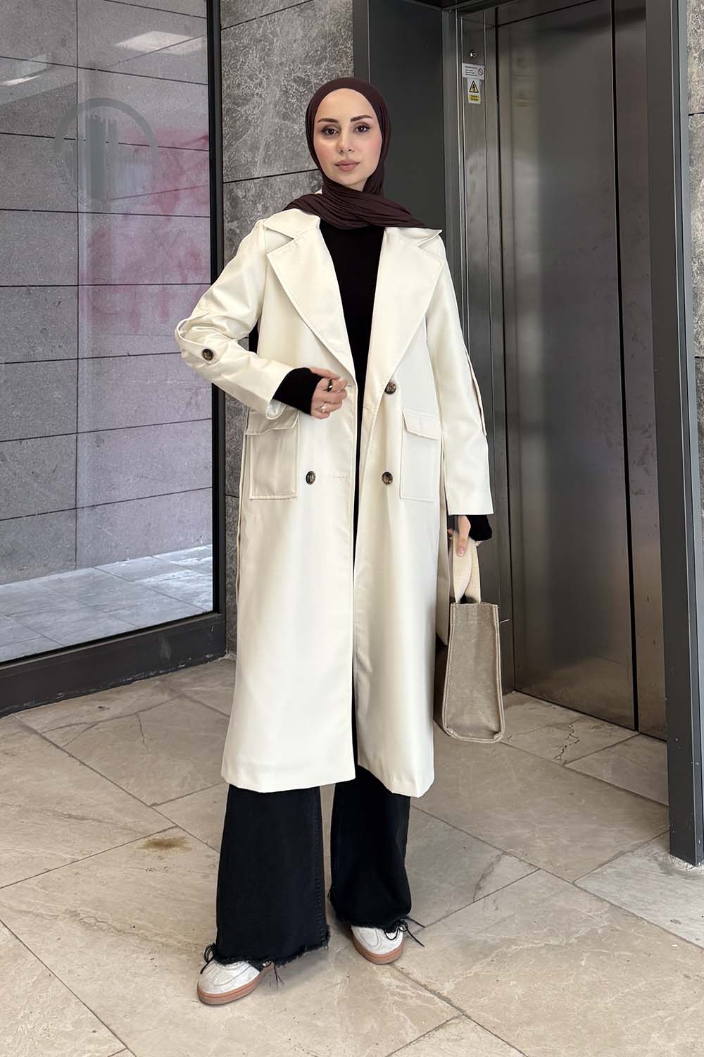 Lamelif Pelican Ön Düğmeli Trençkot Krem
