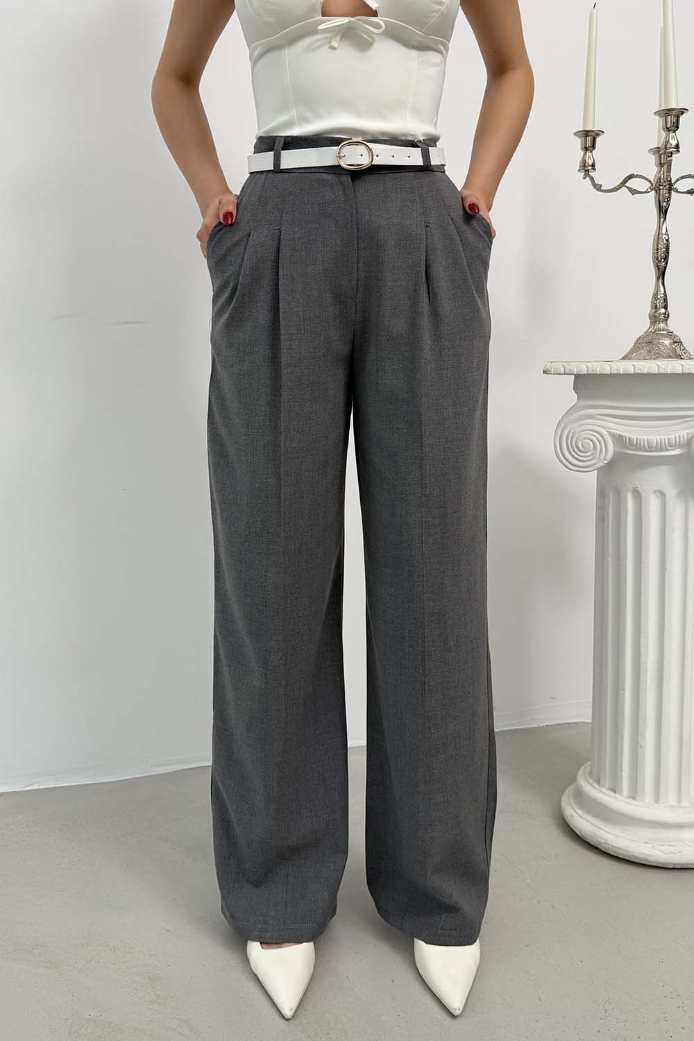 Lamelif Yüksek Bel Palazzo Pantolon Gri