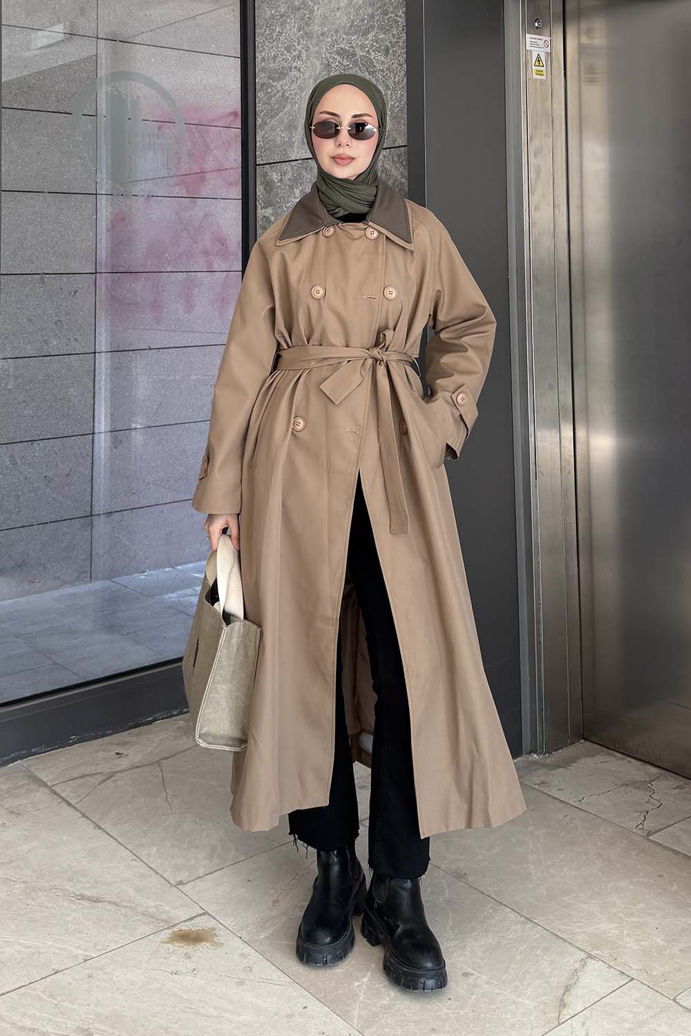 Lamelif Garnili Uzun Trenç Camel