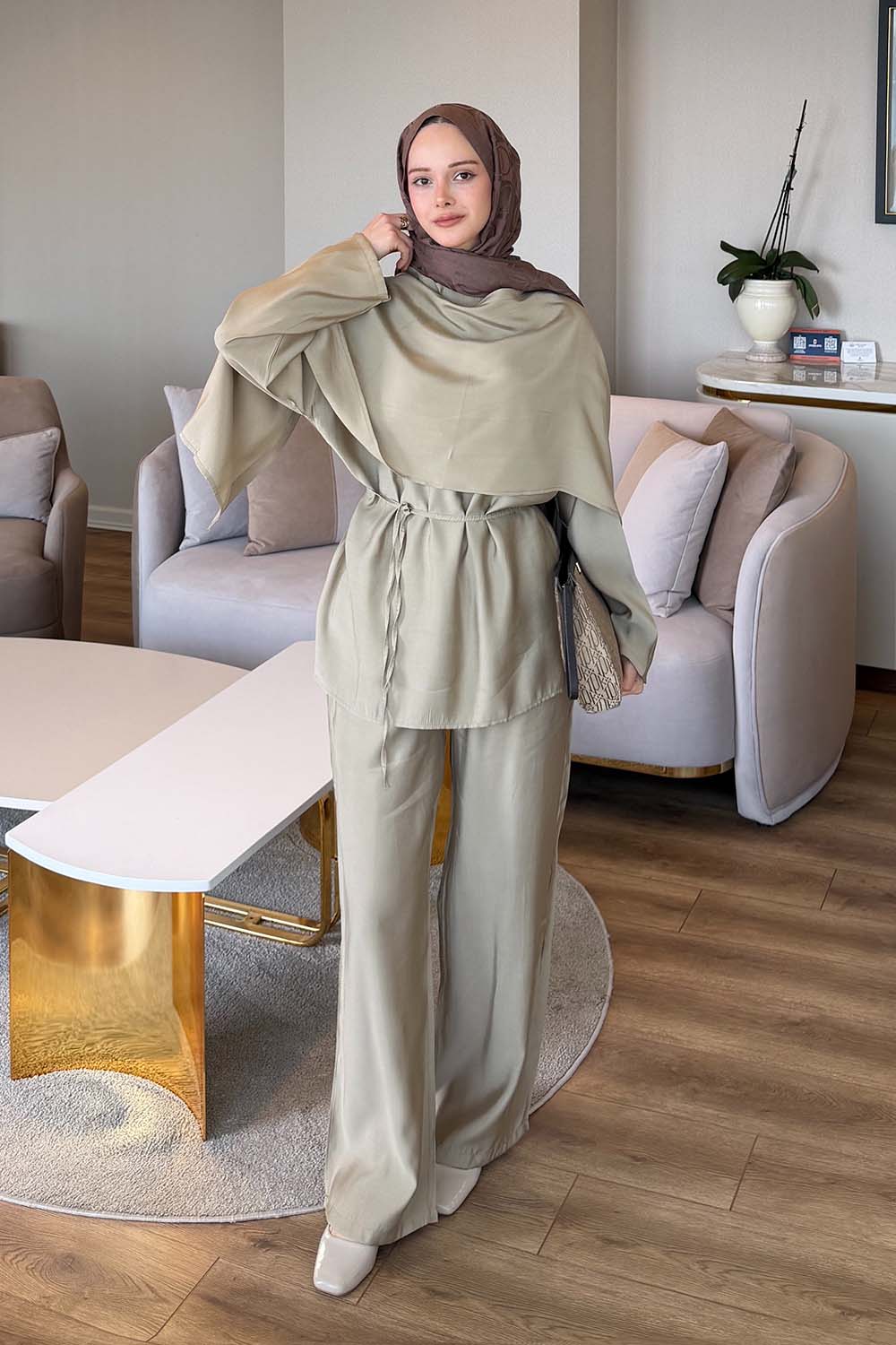 Lamelif Şallı Pantolon Takım Bej