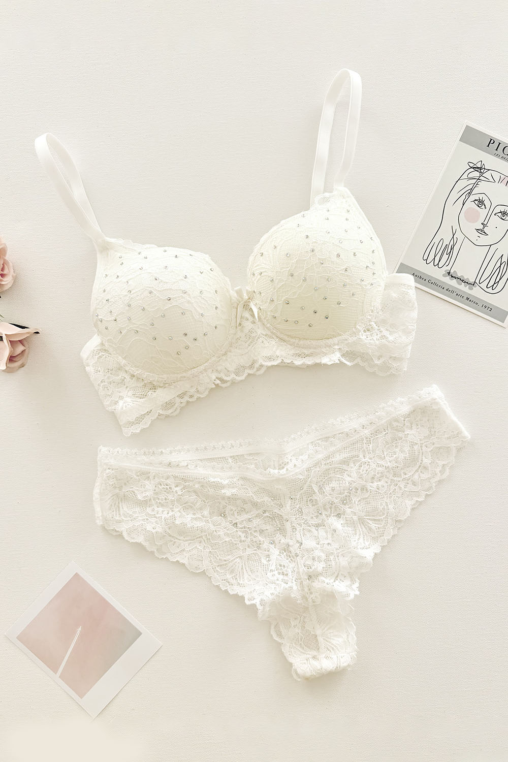 Lamelif Taşlı Dantelli Destekli Sütyen Takım 