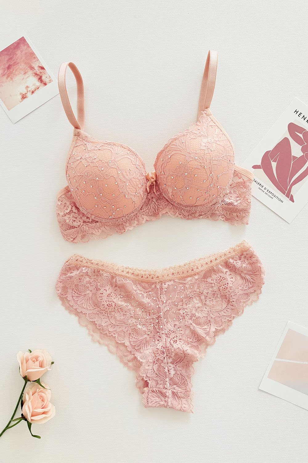 Lamelif Taşlı Dantelli Destekli Sütyen Takım