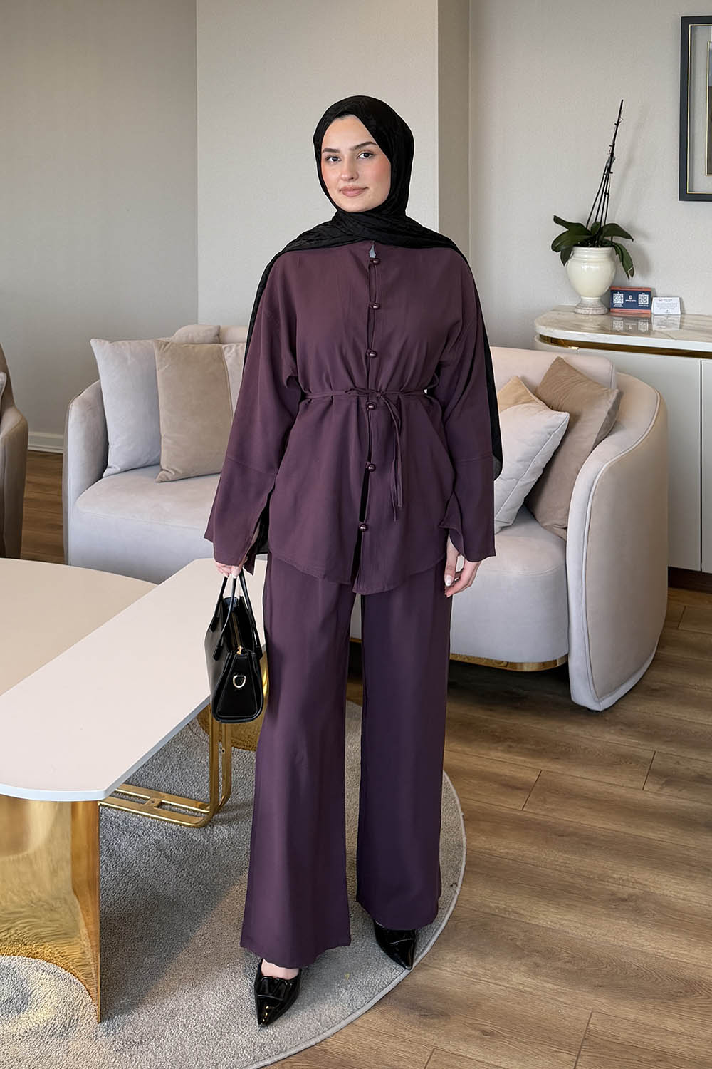 Lamelif Birit Düğme Detaylı Pantolonlu Takım Mürdüm