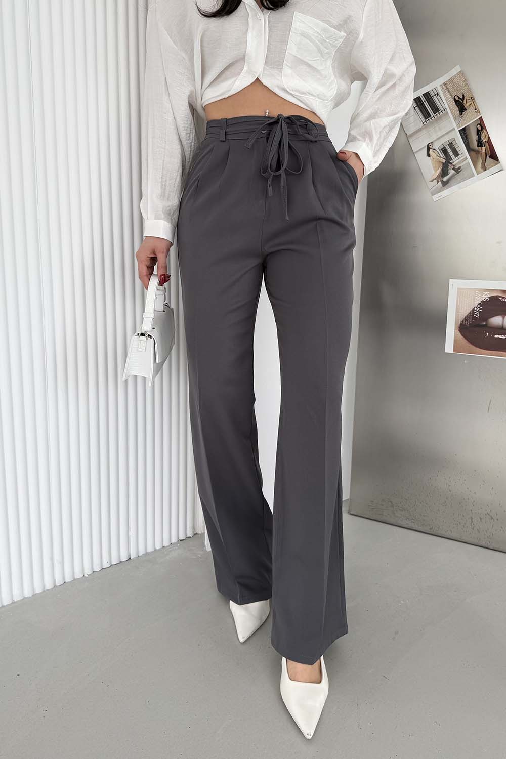 Lamelif İp Detaylı Pantolon Antrasit